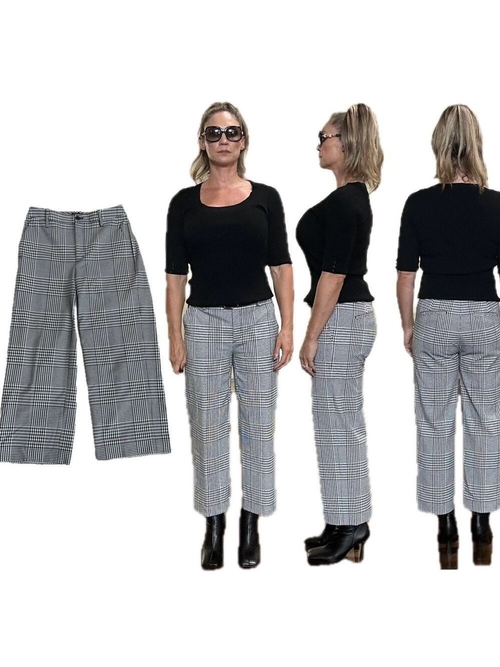 Banana Republic Crop Wide Leg Trousers Black & White Houndstooth Glenn Plaid 4